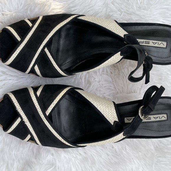 Via Spiga Women Heel Shoes Sandal Black/White Faux Suede Upper Brazil Size 9.5 - Picture 7 of 12